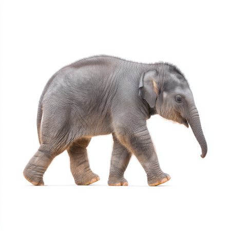A young elephant walks gracefully on a clean white background, showcasing its adorable features and natural behavior, perfect for wildlife enthusiasts.の素材