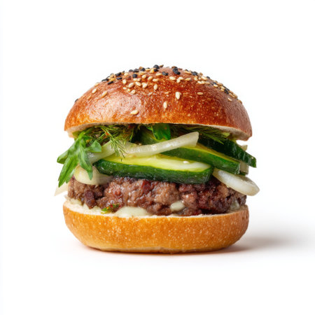 This image features a gourmet hamburger showcasing a juicy beef patty layered with fresh vegetables, encapsulated in a sesame seed bun, perfect for food enthusiasts.の素材