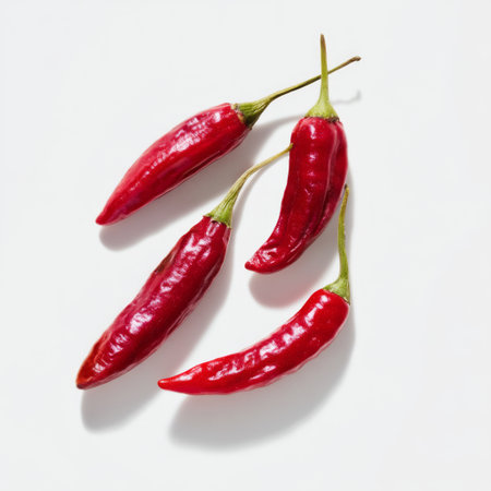 Vibrant red chili peppers arranged on a clean white background, perfect for culinary photography. Ideal for recipes, spices, and health-oriented content.の素材
