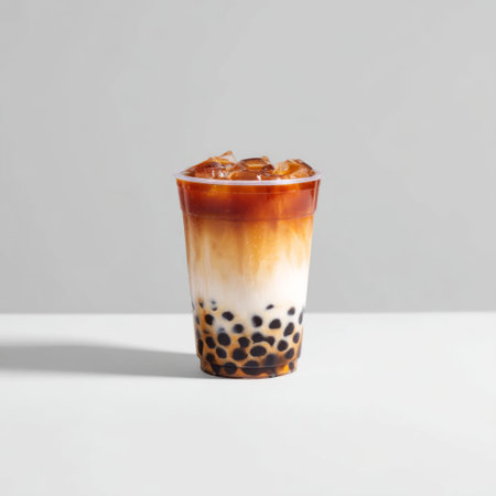 A beautifully crafted iced milk tea with tapioca pearls sits in a clear cup against a light backdrop, perfect for summer refreshment or a trendy cafの素材
