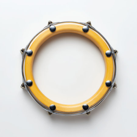This image features a classic wooden tambourine with metal jingles set against a minimalist white background, highlighting its intricate design and musical appeal.の素材