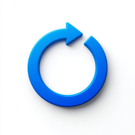This blue circular arrow icon symbolizes refresh and reload actions commonly used in digital interfaces, representing modern technology and user interaction.の素材