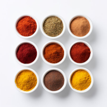 A captivating arrangement of vibrant spices displayed in small bowls, showcasing a rainbow of colors on a white background. Perfect for culinary inspiration.の素材