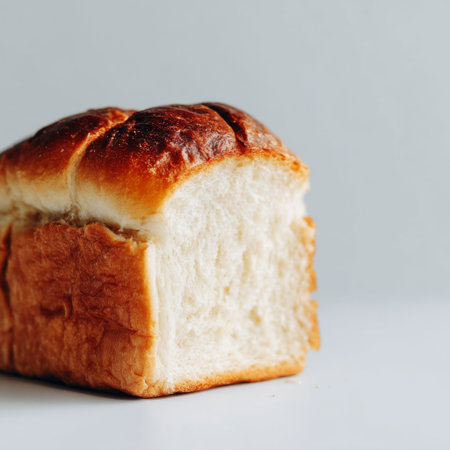 A freshly baked white bread loaf showcases a golden crust and soft interior, perfect for enhancing any culinary experience. Ideal for food photography.の素材