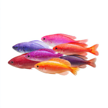 A stunning arrangement of colorful tropical fish showcasing a variety of vibrant shades in a clear aquarium. Ideal for nature enthusiasts and pet lovers.の素材