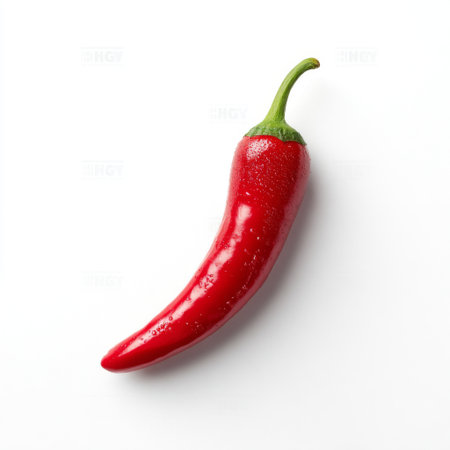 A vibrant red chili pepper with glistening water droplets sits on a clean white background, perfect for culinary themes, food photography, and healthy eating.の素材