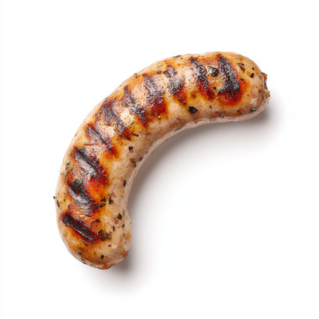 This captivating image features a perfectly grilled sausage showcasing its appetizing charred marks and juicy texture. Ideal for culinary projects.の素材