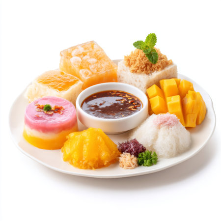 A vibrant selection of traditional Asian desserts elegantly arranged on a white plate, accompanied by a sweet sauce and fresh mint. Perfect for culinary enthusiasts.の素材