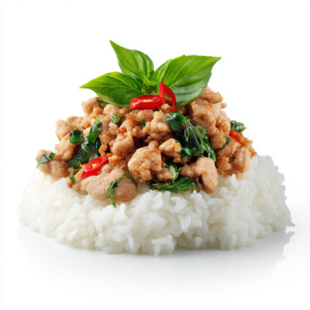 A vibrant plate featuring Thai basil chicken stir-fry served atop fluffy jasmine rice, adorned with fresh basil leaves and red chili peppers for added flavor.の素材