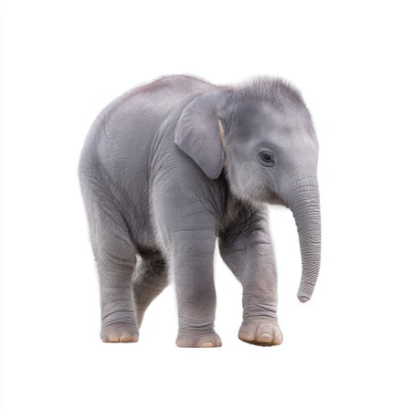 This image features a charming baby elephant walking in a bright studio setting. Its gentle demeanor and playful nature reflect the innocence and beauty of wildlife.の素材