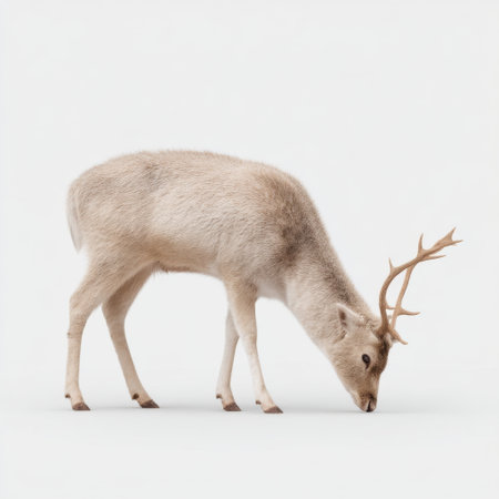 A graceful white deer is seen grazing softly in a calm studio environment. The minimalist background and soft natural light create an elegant and tranquil scene, perfect for wildlife enthusiasts or artistic projects.の素材