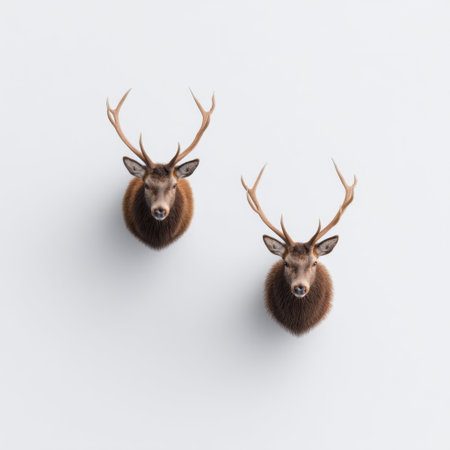 This striking image features two deer heads showcasing their impressive antlers, set against a clean white backdrop, highlighting their natural beauty and elegance.の素材