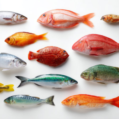 A vibrant collection of fresh fish displayed on a white surface, showcasing various species that represent ocean life, perfect for culinary usage.の素材