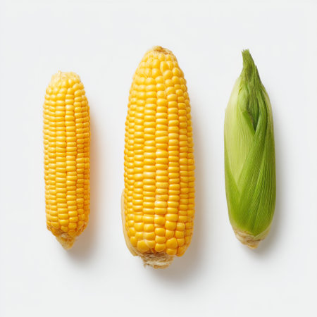 This image features fresh corn on the cob in different sizes, highlighting vibrant yellow kernels and a green husk. Perfect for food-related themes.の素材
