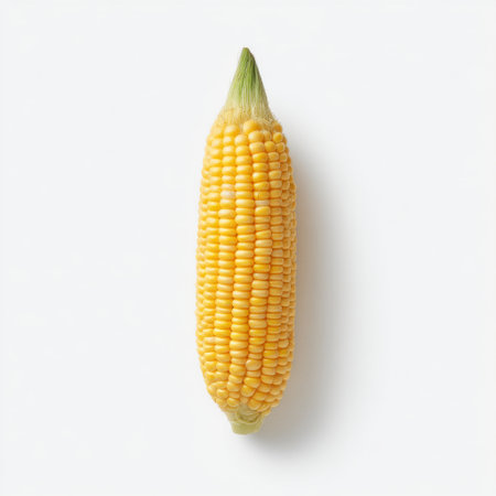 Fresh yellow corn presented on a white background, highlighting its vibrant color and natural texture. Ideal for culinary uses, healthy recipes, and agricultural themes.の素材