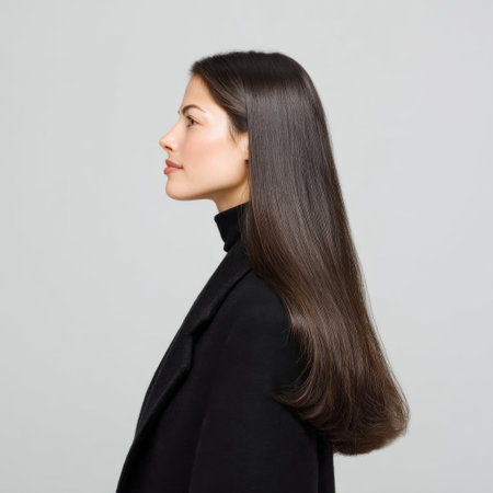 A striking profile of a young woman showcases her long, straight hair and elegant black coat, embodying modern fashion and minimalistic beauty.の素材