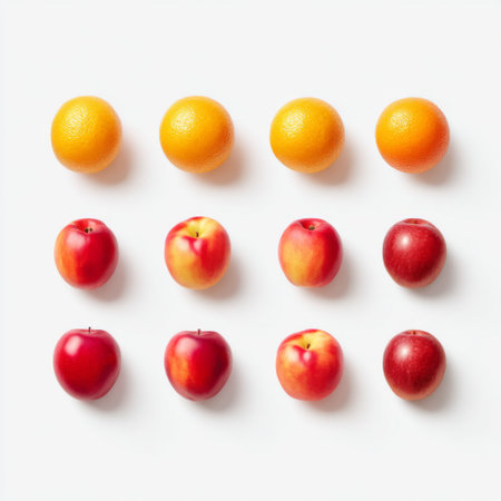 A visually appealing arrangement of bright oranges and red apples on a clean white background, ideal for promoting healthy eating and vibrant lifestyles.の素材