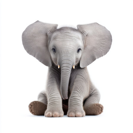 An adorable baby elephant sits with its large ears flopped down, showcasing a playful and innocent expression. This charming animal represents wildlife conservation.の素材