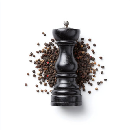 A striking black pepper grinder rests atop scattered peppercorns against a white background, ideal for culinary and food-related projects, highlighting spice and flavor.の素材