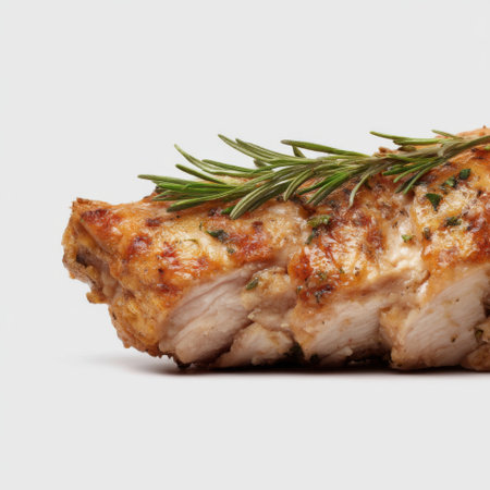 Discover the delightful simplicity of a perfectly grilled chicken breast, garnished with fresh herbs, ideal for healthy dining or gourmet meals.の素材