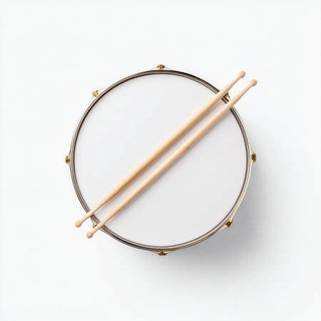 A top view image of a drum and wooden sticks on a plain white background. This minimalist photo captures the essence of music and rhythm, ideal for creative projects.の素材