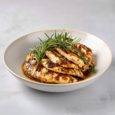 Succulent grilled chicken breast marinated with herbs is presented beautifully on a white plate, embodying healthy and flavorful eating options.の素材
