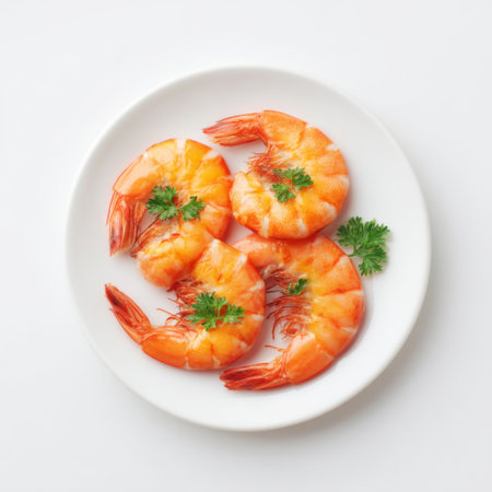 A beautifully arranged plate of fresh cooked shrimp garnished with green parsley, showcasing vibrant colors perfect for culinary presentations and seafood lovers.の素材