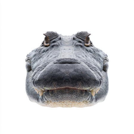 This image features a close-up view of an alligator's head with intricate textures and distinctive features. The white background enhances the striking details of this fascinating reptile.の素材