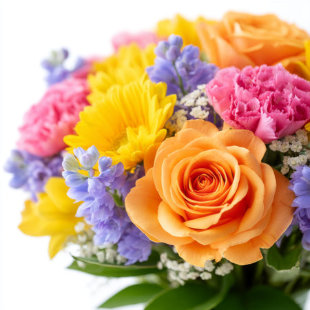 A stunning bouquet featuring bright roses and cheerful daisies amidst lush greenery, perfect for celebrating special moments or as a decorative centerpiece.の素材