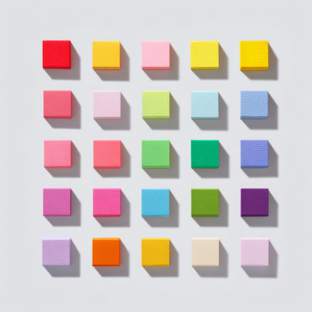 A vibrant and colorful arrangement of squares in various shades creates an appealing visual pattern. Ideal for artistic design and decoration projects.の素材