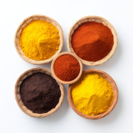 A visually captivating arrangement of vibrant spices displayed in decorative bowls, showcasing rich colors and textures ideal for culinary inspiration and healthy cooking.の素材