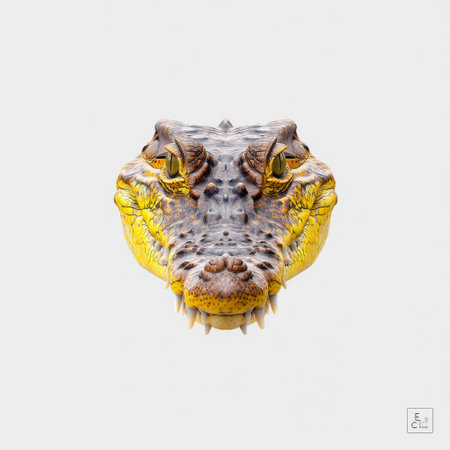 This stunning close-up portrait showcases the unique head of a crocodile with intricate details, vibrant colors, and fierce expression against a minimal background.の素材