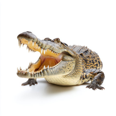 This image features a striking crocodile with its mouth wide open, revealing sharp teeth, highlighting its fierce nature against a clean white backdrop.の素材