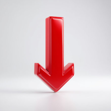 A striking glossy red downward arrow set against a minimalist backdrop. This vector graphic represents direction and guidance, perfect for design projects.の素材