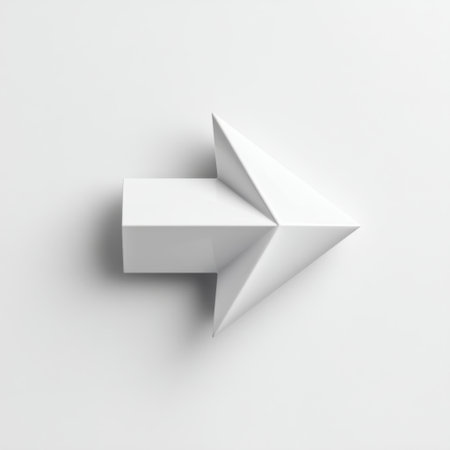 This three-dimensional white arrow pointing left against a minimalist background symbolizes direction and movement, ideal for creative projects and visual communication.の素材