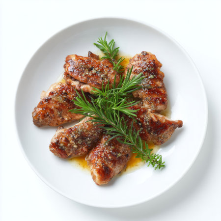 Indulge in a vibrant plate of grilled chicken thighs, enhanced with fresh herbs and garlic, perfect for a healthy meal or dinner gathering.の素材