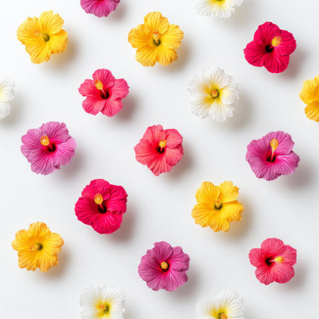 A stunning array of colorful hibiscus flowers arranged in a playful pattern on a clean white background. Perfect for nature lovers and decorative designs.の素材