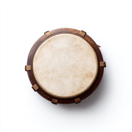 A rustic wooden frame drum featuring natural hide skin, perfect for showcasing music themes and artistic projects. Captured on a clean, white background, this image highlights texture and craftsmanship, ideal for creative uses.の素材