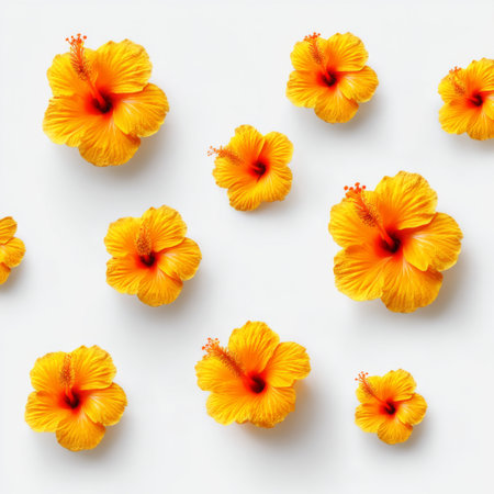 A collection of bright yellow hibiscus flowers elegantly arranged on a clean white background, perfect for tropical-themed designs and decor.の素材