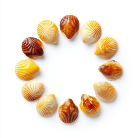 A stunning arrangement of colorful seashells in a circular pattern, set against a clean white background. Ideal for nature, travel, and design projects.の素材