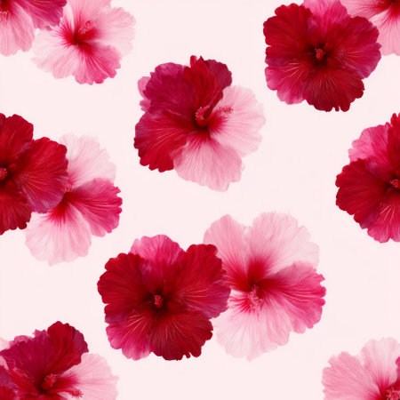 A stunning arrangement of hibiscus flowers in varying shades of red and pink, set against a soft pink background, perfect for floral designs and nature themes.の素材