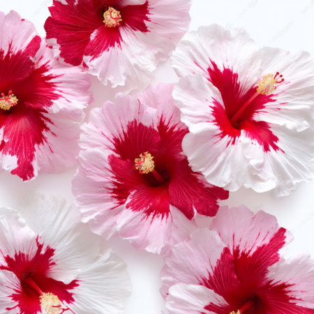 A stunning display of hibiscus flowers featuring soft pink and white petals accented with bold red, perfect for nature lovers and floral designs.の素材