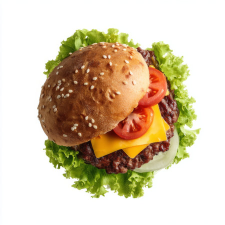 Mouth-watering cheeseburger featuring a juicy beef patty, melted cheese, fresh lettuce, and sliced tomatoes nestled in a sesame seed bun. Perfect for food lovers.の素材