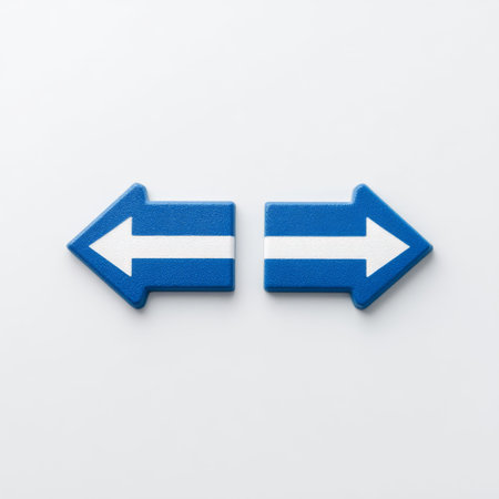 Two blue arrows point left and right on a minimalist white background, perfect for illustrating concepts of direction, choice, and navigation in visual communication.の素材