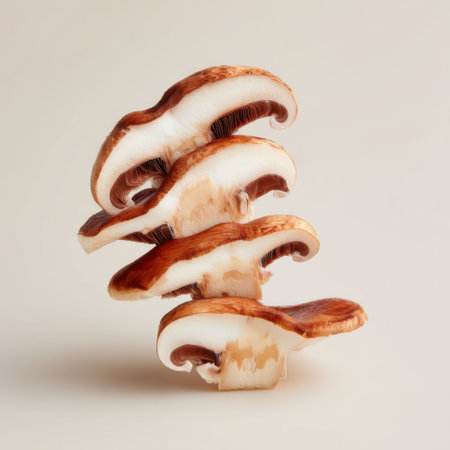 An artistic arrangement of stacked shiitake mushrooms showcasing their delicate layers and earthy tones. Perfect for culinary and food-related themes.の素材