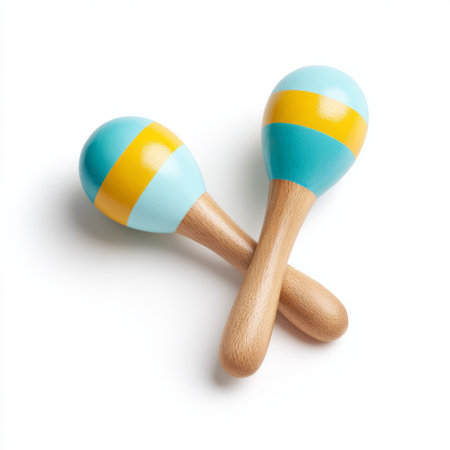 This vibrant pair of wooden maracas features bright colors and a smooth finish, ideal for engaging children in fun music play and sensory exploration.の素材