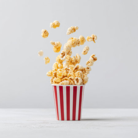 Delight in the charm of freshly popped popcorn bursting from a classic red and white striped cup against a soft light background, perfect for any festive occasion.の素材