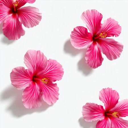 A stunning arrangement of vibrant pink hibiscus flowers showcases delicate petals, creating a serene and fresh atmosphere against a clean white background.の素材