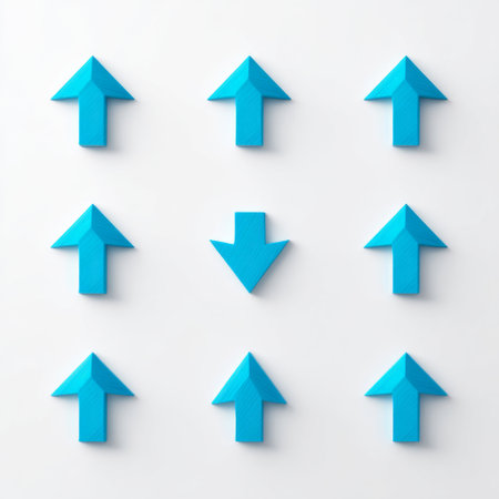 This image showcases a grid of vibrant blue directional arrows, visually representing movement and choice on a light background. Ideal for design concepts.の素材
