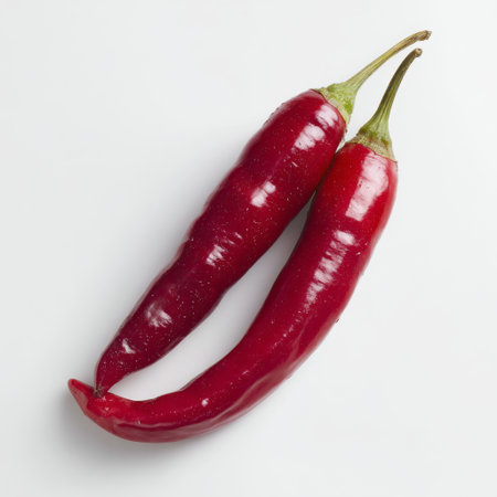 Two fresh red chili peppers arranged elegantly on a clean white background, showcasing their vibrant color and smooth textures, perfect for culinary settings.の素材
